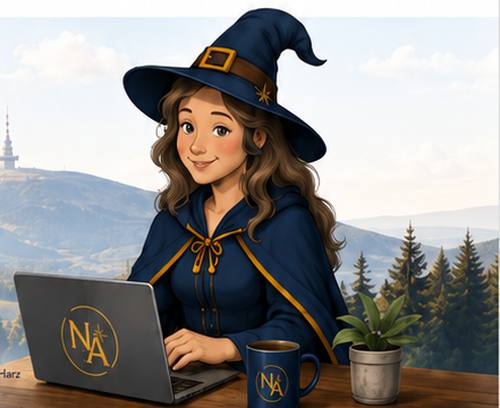 Nova Aurum IT Hexe mit Laptop – Signet des Wissensbereichs
